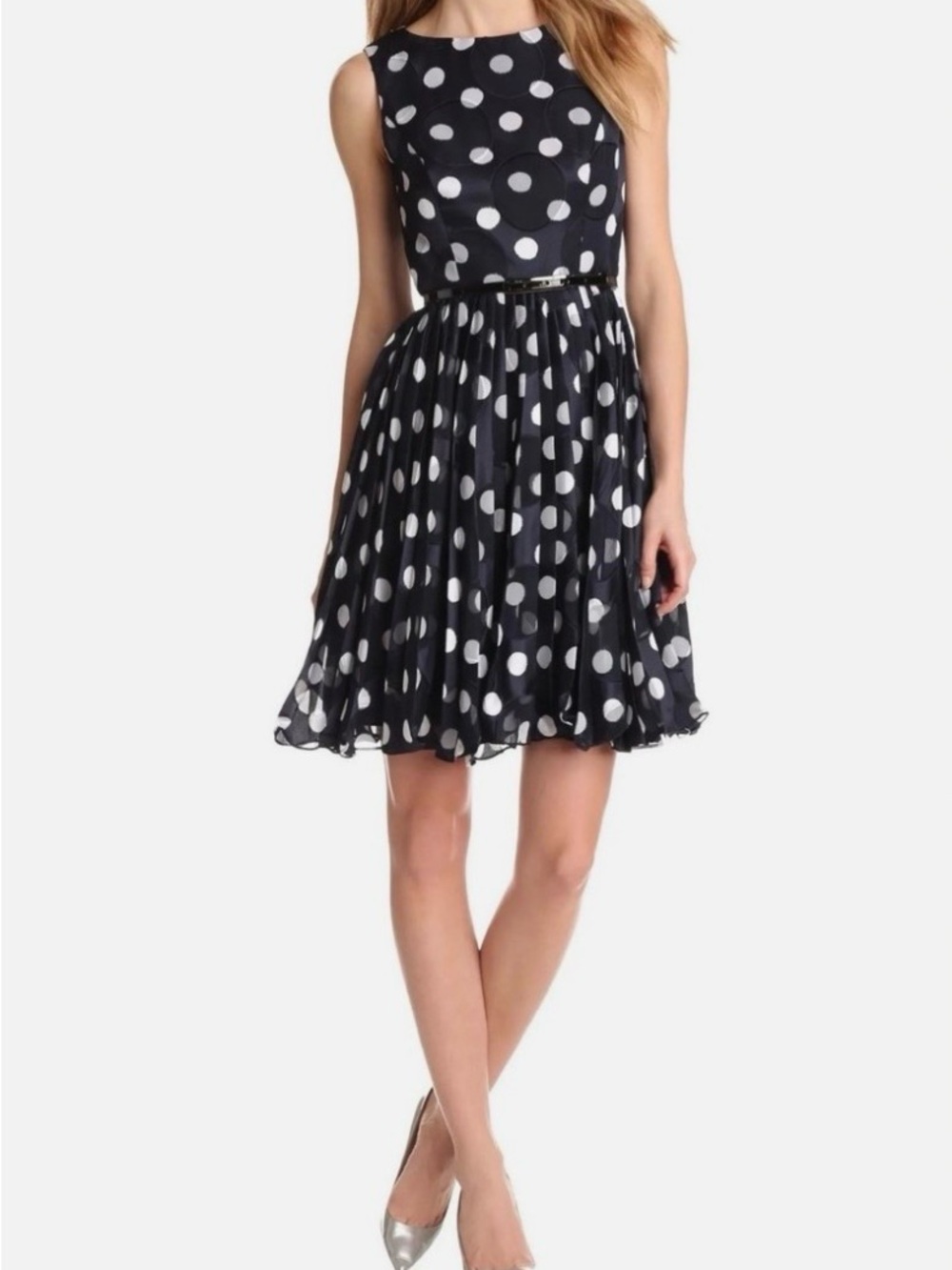 Adrianna Papell Classic Navy & White Polka Dot Fit & Flare Dress
